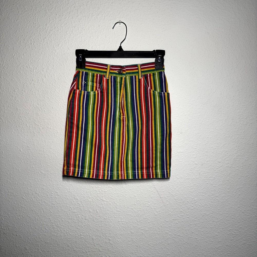 The‎ Place Mini Skirt Girls M 7/8 Multicolor Rainbow Striped Denim Back Slit
